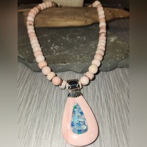 Jay King Pink Opal And Opal Inlay Necklace Sterling Silver NWOT